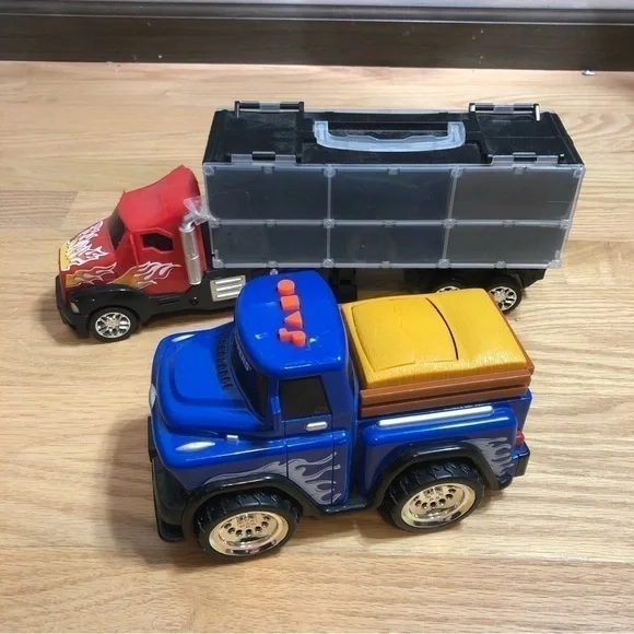 Truck Toy Bundle Cargo Car Carrier & Blue Pickup Truck Cow Pop Up Music
