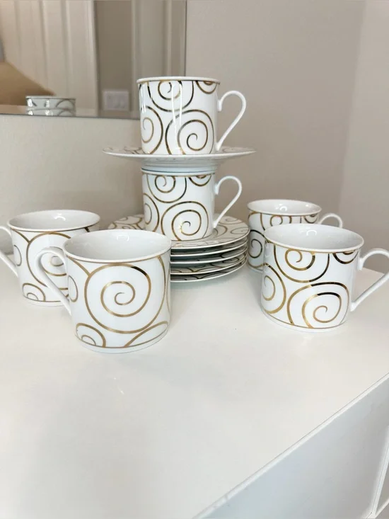 Pier 1 Porcelain Gold Swirl Tea Cups and Saucers -set of 6