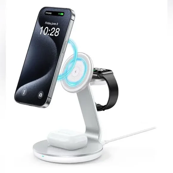 3-in-1 Wireless Charging Station - Silver For iPhone, AirPods & Apple Watch