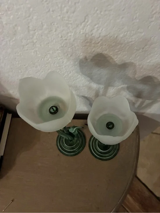Vintage Green Metal Flower Candlesticks with Frosted White Glass Shades