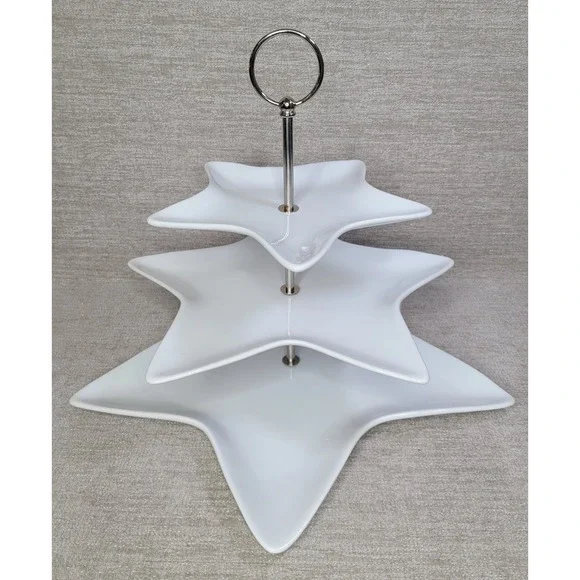Pottery Barn Three Tier White Star Plate Stand Dessert Tea Tray 14