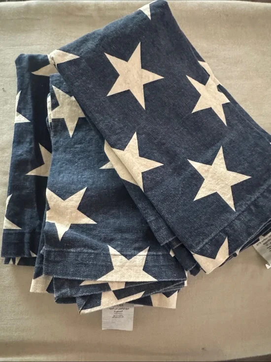 Pottery Barn Navy Blue Star Print Cotton Linen Blend  Napkins Set of 8