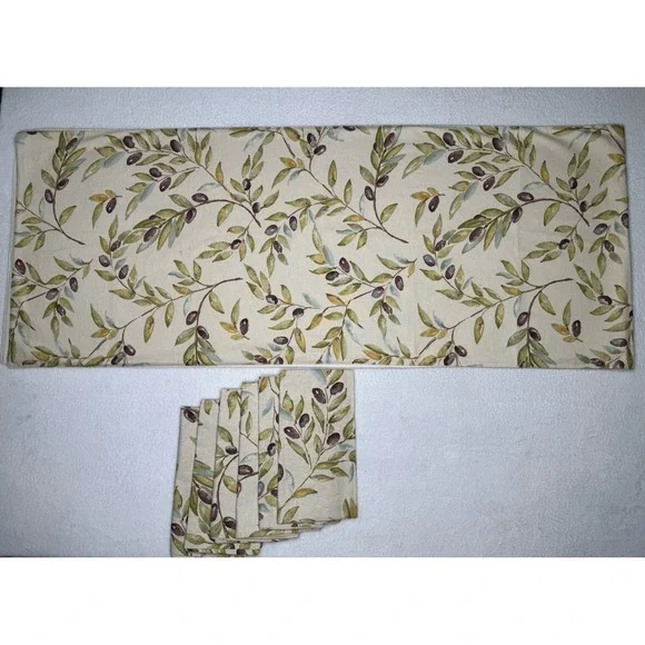 Pottery Barn Olive Branch Table Runner & 6 NWT Napkins Mediterranean Farmhouse