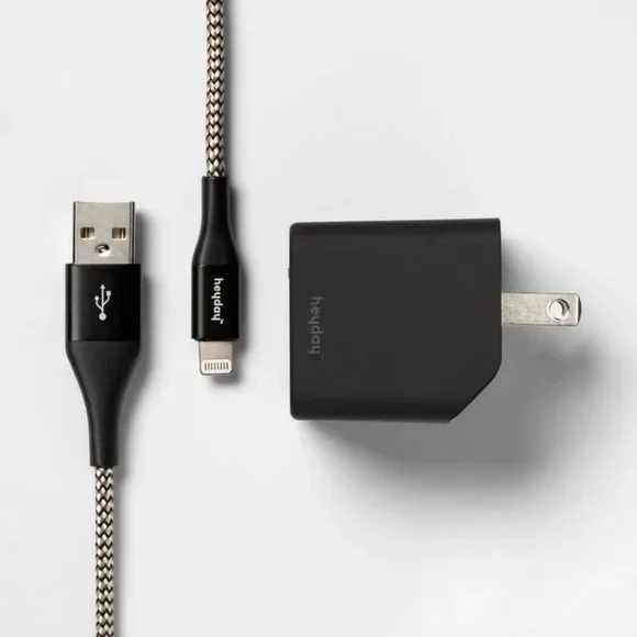Open Box - Heyday - 2-Port Wall Charger USB-C & 5W USB-A 6' Black/Gold