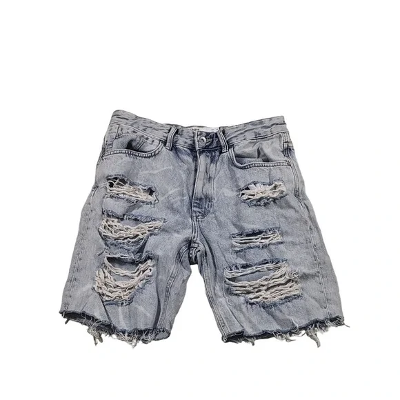 Bershka Distressed‎ Denim Jorts Mens 30 Light Acid Wash Ripped Raw Hem Shorts