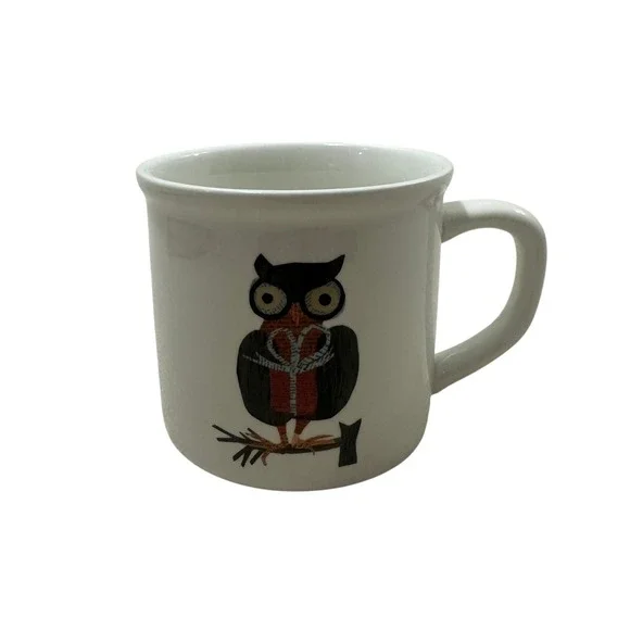 Pottery Barn Denise Fiedler Owl Coffee Mug White Ceramic Collage Art 4 Inch