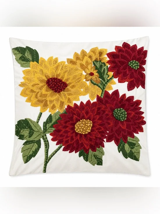 Pottery Barn Embroidered Floral Throw Pillow Cover 20x20 Cotton Textured