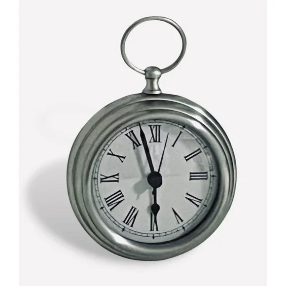 Pottery Barn Round Brushed Silver Pocket watch style Clock Shelf Decor Tested