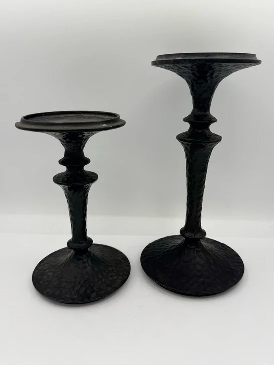 Pottery Barn Black Hammered Metal Pedestal Candle Holders, Set of 2