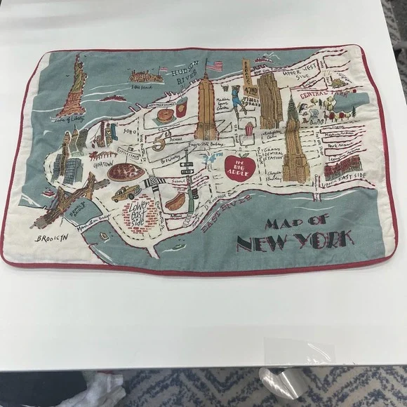 Pottery Barn Retro Map of New York Lumbar Pillow Cover 16x26 NYC Embroidered