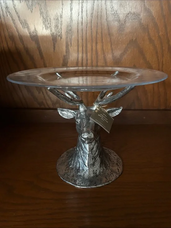 RARE Pottery Barn Stag Deer Head Cake Stand Pedestal Glass Platter Retired NWT