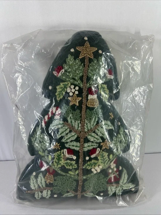 Pottery Barn Nostalgic Embroidered Christmas Tree Shaped Decorative Pillow NIB