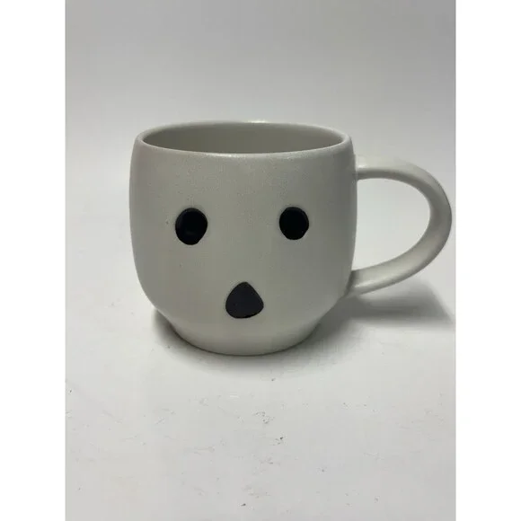 Pottery Barn Halloween Ghost Face Ceramic Coffee Mug White Matte 16 oz