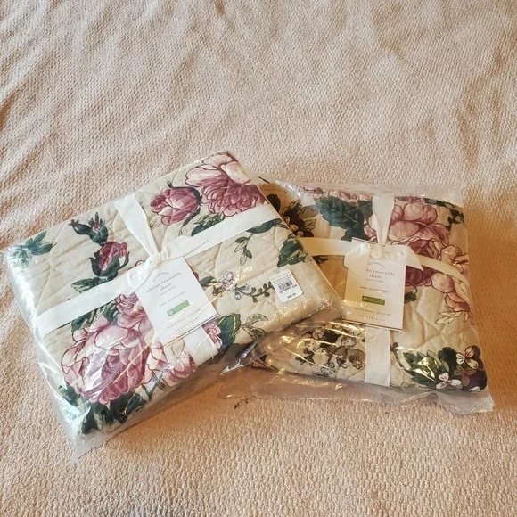 Pottery Barn Adelise Reversible Euro Sham Set of 2‎ Floral Rose Cotton Linen NEW
