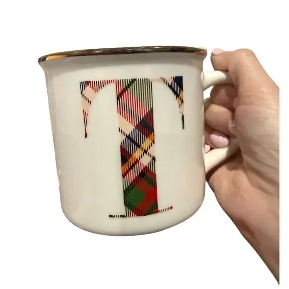 Pottery Barn Stewart Plaid Coffee Tea Mug Letter T Monogram 16oz Ceramic Holiday