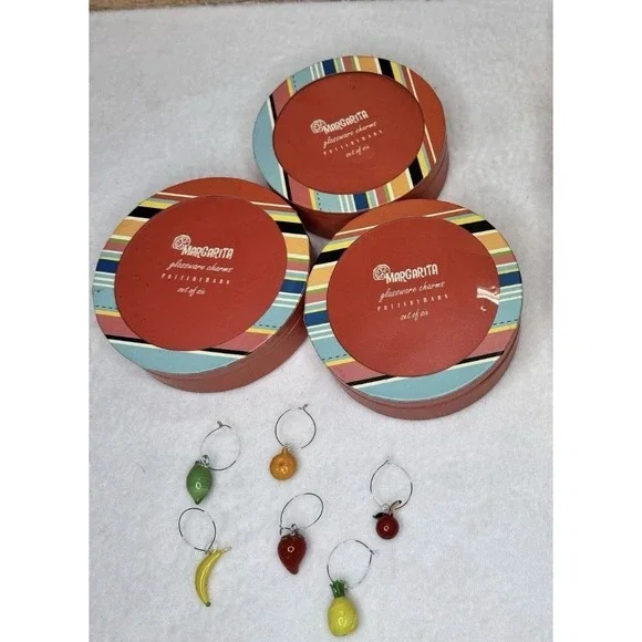 Pottery Barn Margarita Wine Glass Glassware Charms‎ Set of 6 Fruit Drink Markers