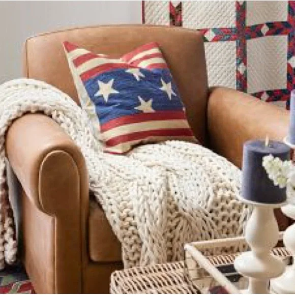 New Pottery Barn July 4th Americana Flag Embroidered Linen Pillow Cover, 18”