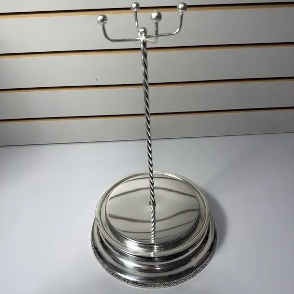 Pottery Barn Brushed Silver Jewelry Necklace Stand 14” Tall Engraved Design