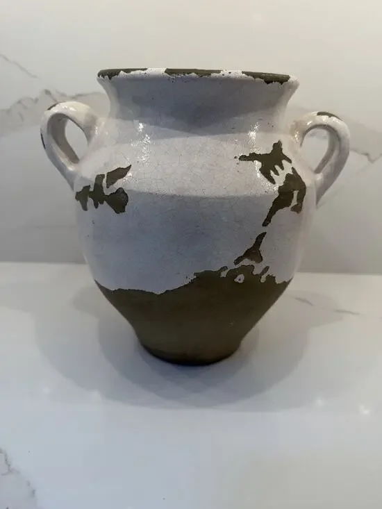 Pottery Barn Tuscany Crackle Glaze Terracotta Ceramic Urn Vase Rustic White