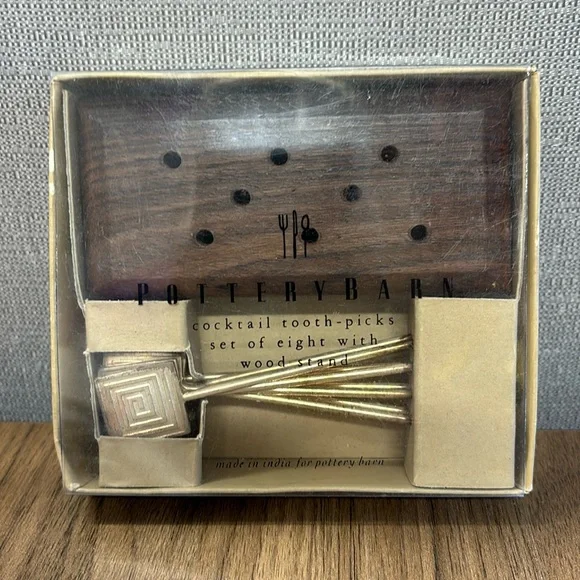 NIB. Pottery Barn 8 cocktail picks with wooden stand