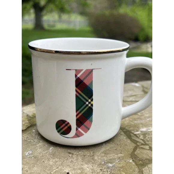 Pottery Barn Stewart Plaid Alphabet Stoneware Mug Featuring the Letter 