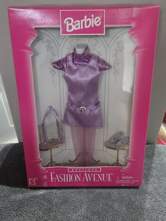 1996 Barbie Fashion Avenue Boutique Purple Sparkle Mini Dress Outfit 14980 NIB
