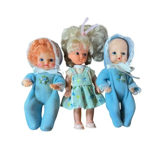 Vintage Small Doll Lot 2 Blue Baby Sleepers 1 Blonde Girl Butterfly Dress 3pc