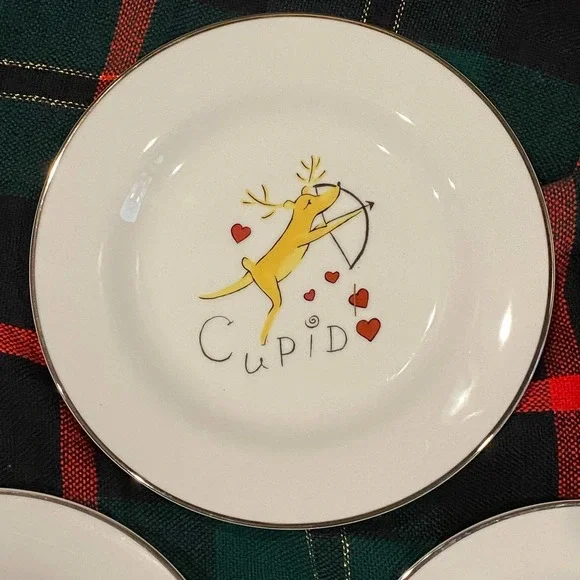 Pottery Barn REINDEER CUPID Salad‎ Plates 8-1/2” White Porcelain MINT!