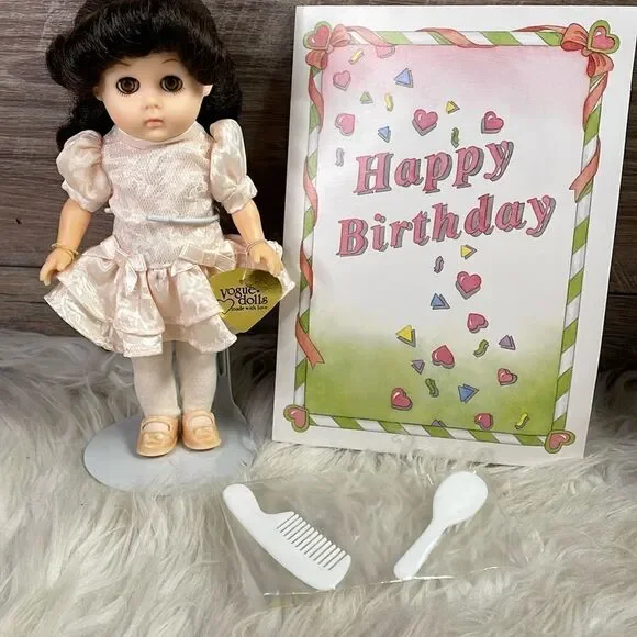 Vogue Vintage 1986 Brown Haired birthday Girl Ginny Doll with Stand , 8” Tall