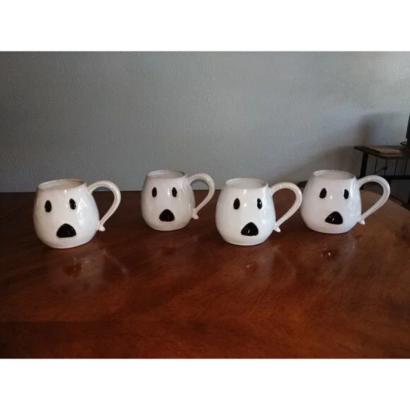 Lot 4x Vintage Pottery Barn Ghost Coffee Tea Mugs Halloween First Edition White