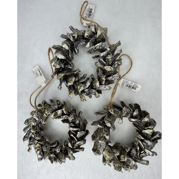 Vintage Pottery Barn Mini‎ Pinecone Wreath Ornaments Set of 3 Gold Glitter