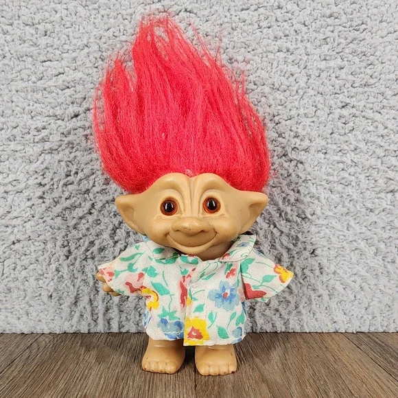 Vintage Ace Novelty Treasure Troll Doll Red Hair Floral‎ Shirt 3 Inch 90s Toy
