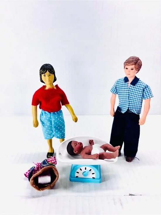 Vintage 1960's Rubber Bendable Dollhouse Dolls, Asian Lady, Caucasian Man & Baby