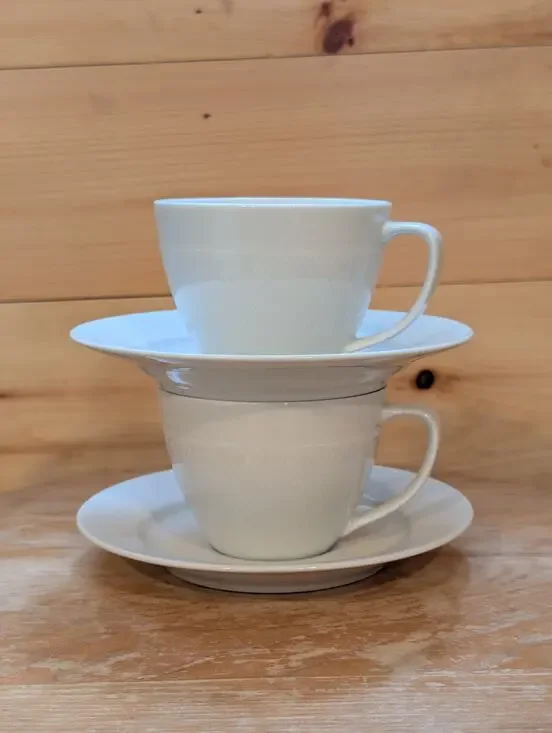 Pottery Barn Textured White Tea Cups & Saucers - Set of 2 - Embossed Stoneware