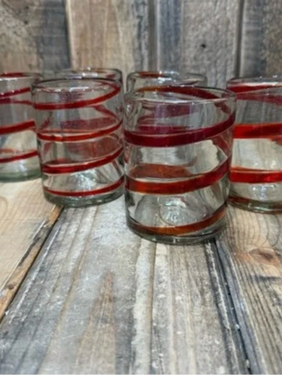 Pottery Barn Set of 6 Hand-Blown Red Swirl Glasses NEW