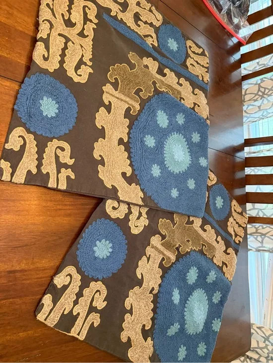 Pottery Barn Blue and Brown Embroidered Medallion Euro Pillow Shams