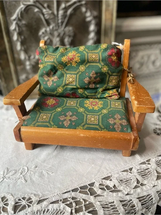 Vintage 1950 MCM Wood Doll couch green fabric Pert