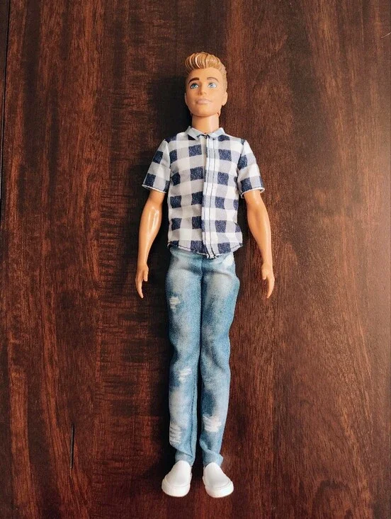 Barbie Ken Doll with Blue Plaid Shirt and Light Blue Jeans