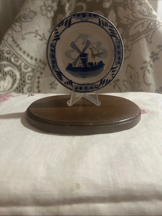 Blue and White Decorative Mini Plate with Windmill Motif