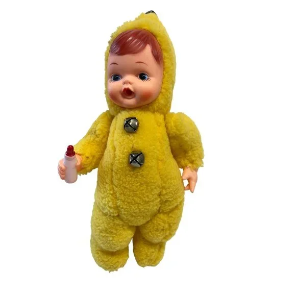 Vintage Yellow Rubber Face‎ Plush Baby Doll With Red Hair & Bell Accents