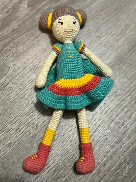 Handmade Teal Crocheted Doll for Kids - Colorful Dress
