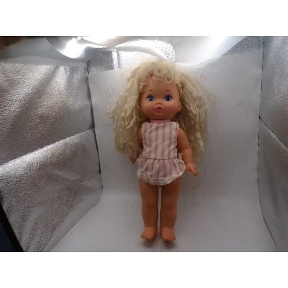 Vintage 1988 Mattel Li'l Miss Dress Up Doll Blonde Crimped Hair Pink Stripe Dres
