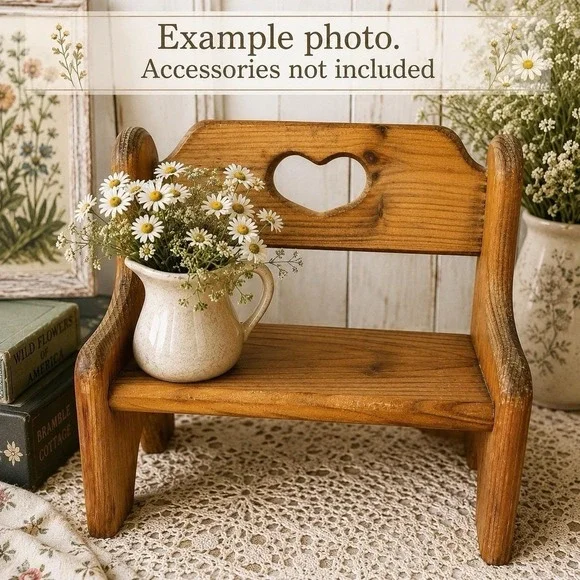 VTG Rustic Wooden Doll Bench Heart Cutout Country Folk Art Plant Stand Display
