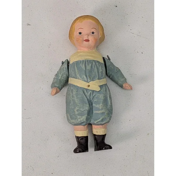 Vintage Carved Wood Articulated Artist Doll Blue Romper Black Boots Painted