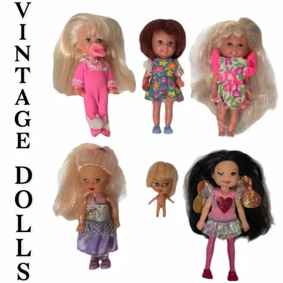 Vintage Dolls Set 6 Mini Dolls Rare Vintage Toys Bundle Lot Pink Blue Purple