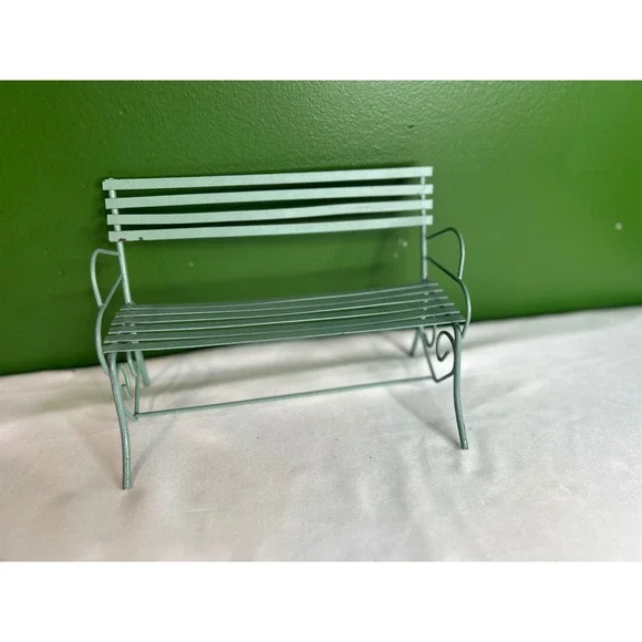 Vintage Miniature Metal Garden Bench Light Green Dollhouse Fairy Garden Decor