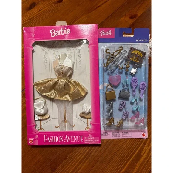 Vintage Barbie Fashion Avenue Gold‎ Dress 1990s & Bonanza Accessory Pack NIB Lot