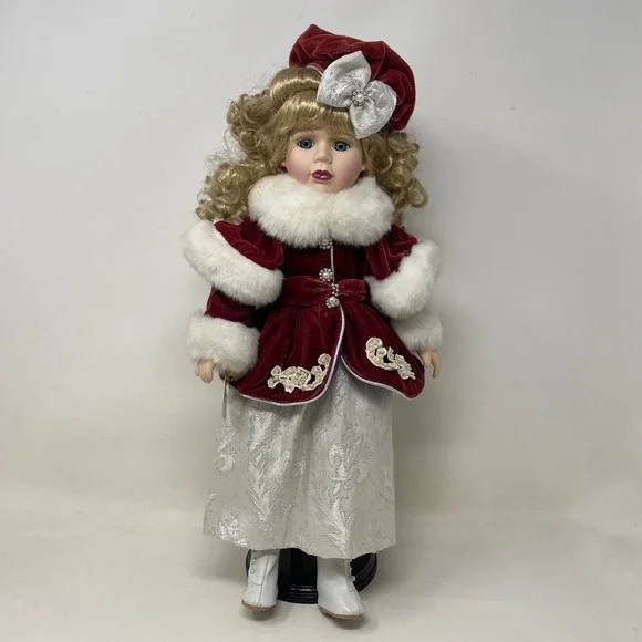 Victorian Primrose Collection Brass Key Genuine Porcelain Doll Burgundy Velvet