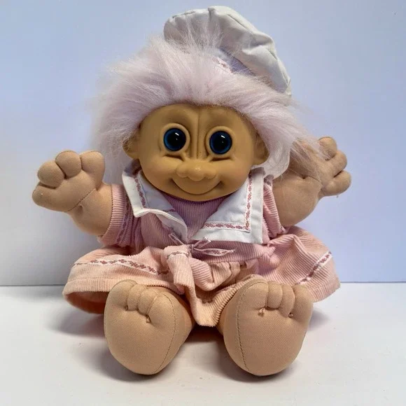 Vtg Russ Berrie Baby Girl Troll Pink Hair Blue Eyes Dress‎ Plush Doll Toy 12
