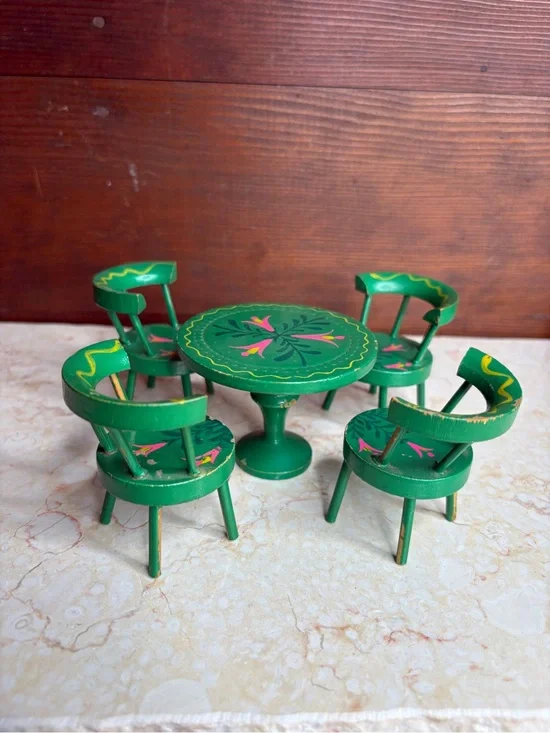 Vintage Japan Hand Painted Wooden Dollhouse Table & Chairs Green Pink Floral